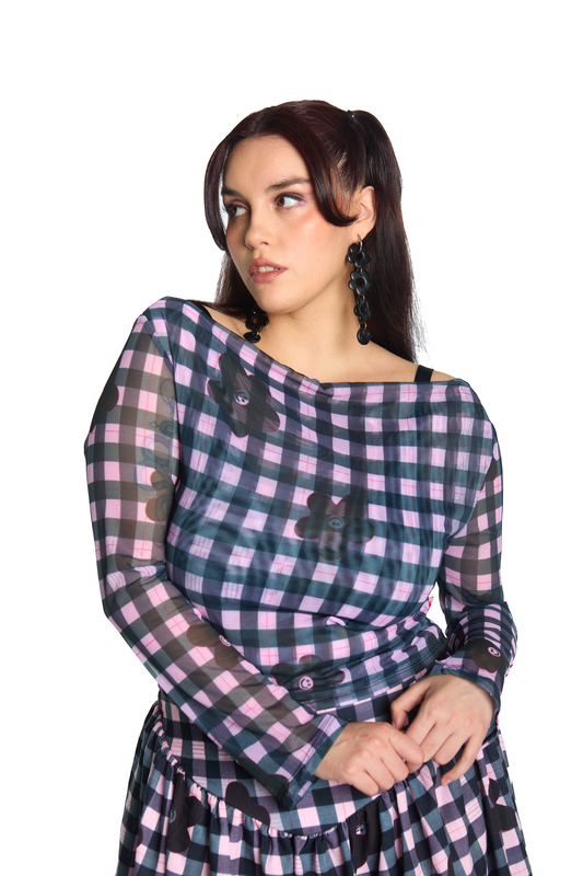 TOP MESH NEGRO CUADRILLE FLOR (PRE-VENTA)